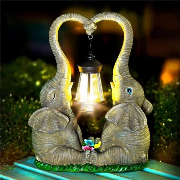 Elephant Statue Garden Decor with LED Solar Lights-Set of 2 Good Luck Elephant - Picture 1 of 7